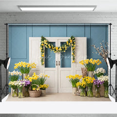 Lofaris Blue Paneled Wall and White Doors Photography Backdrop Yellow Rose Garland Spring Floral Decor