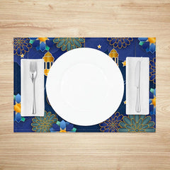 Lofaris Blue Paper Cut Floral Ramadan Set of 4 Placemats 3D Style Golden Lantern and Stars Eid Mubarak Table Mats