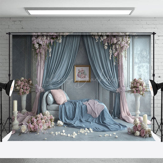 Lofaris Blue Pink Curtain Sofa Floral Wedding Photo Backdrop