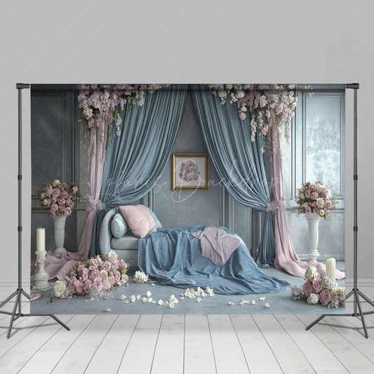 Lofaris Blue Pink Curtain Sofa Floral Wedding Photo Backdrop