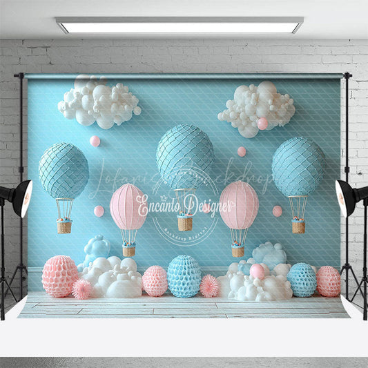 Lofaris Blue Pink Hot Air Balloon Birthday Cake Smash Backdrop