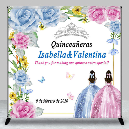 Lofaris Blue Pink Rose Custom Name Quinceaneras Backdrop
