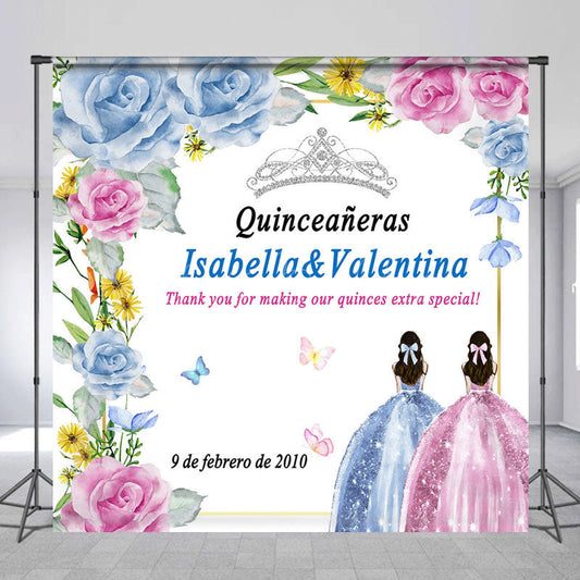 Lofaris Blue Pink Rose Custom Name Quinceaneras Backdrop