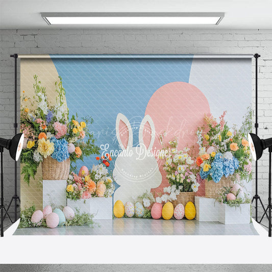 Lofaris Blue Pink Wall Bunny Floral Eggs Easter Backdrop