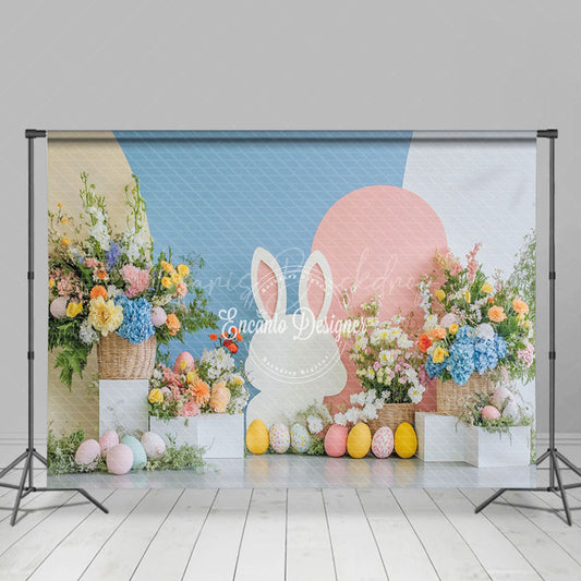 Lofaris Blue Pink Wall Bunny Floral Eggs Easter Backdrop