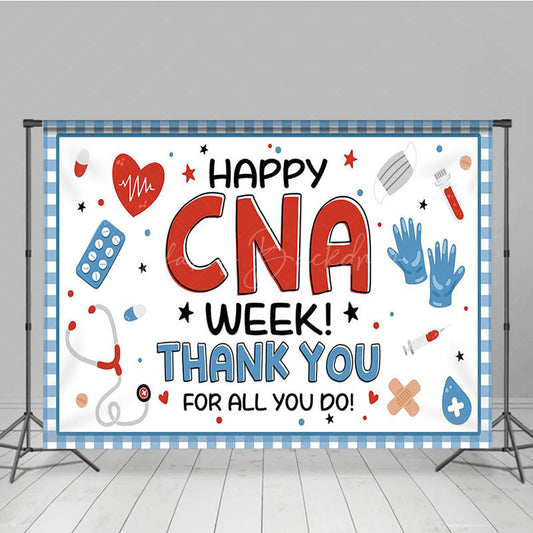 Lofaris Blue Plaid Happy CNA Week Thank You Party Backdrop