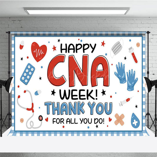 Lofaris Blue Plaid Happy CNA Week Thank You Party Backdrop
