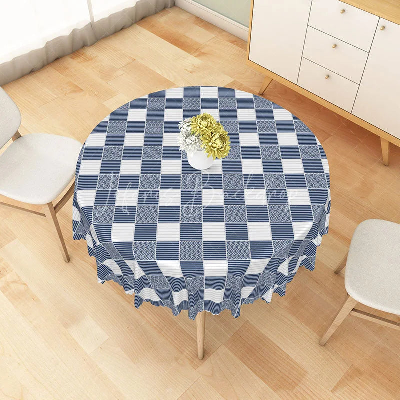 Lofaris Blue Plaid Japanese Wave Pattern Round Tablecloth Oriental Style Table Cover for Dining Room Decor