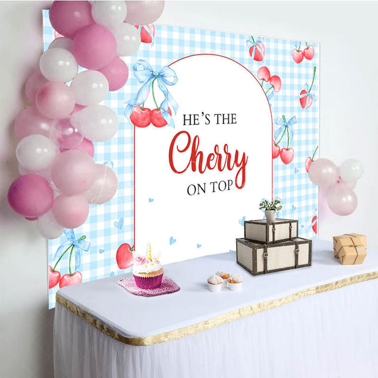 Lofaris Blue Plaid Red Cherry On Top Baby Shower Backdrop