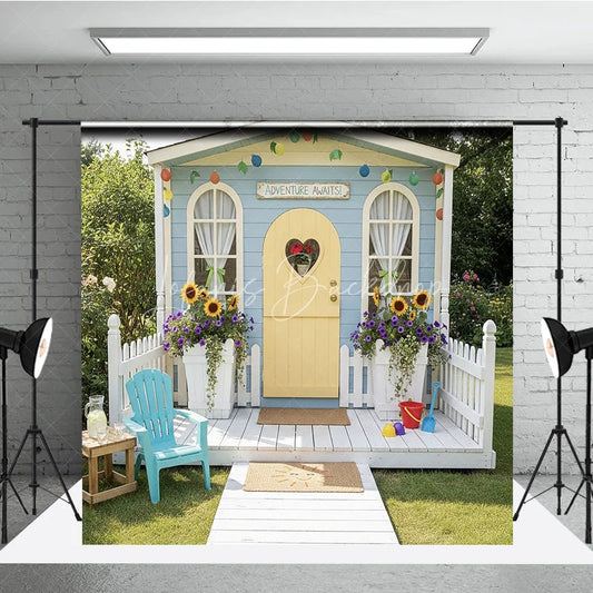 Lofaris Blue Playhouse Photography Backdrop with Yellow Heart Door Sunflowers and Adventure Awaits Sign for Kids Party