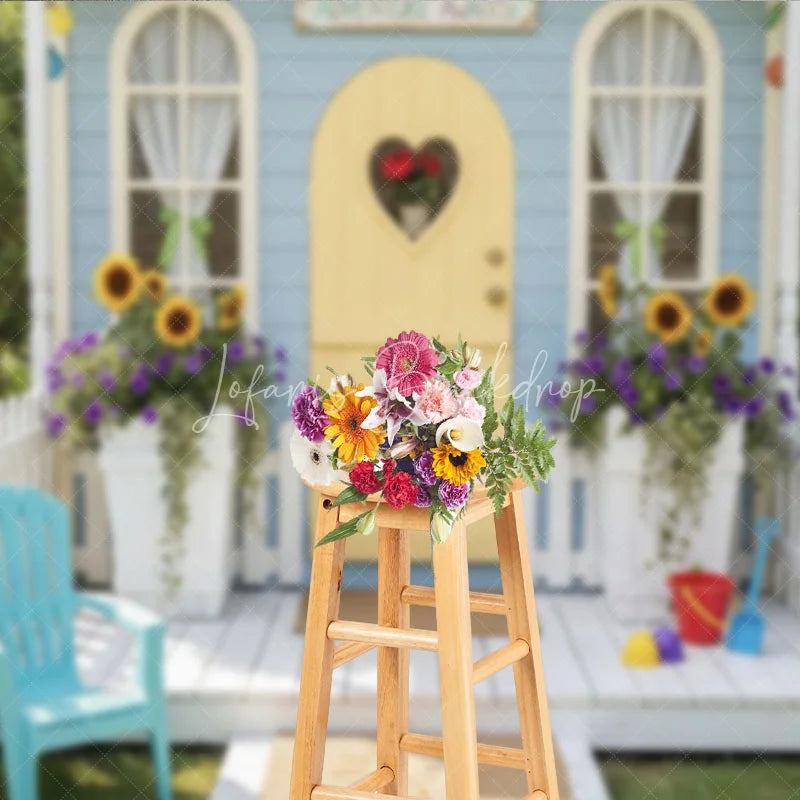 Lofaris Blue Playhouse Photography Backdrop with Yellow Heart Door Sunflowers and Adventure Awaits Sign for Kids Party