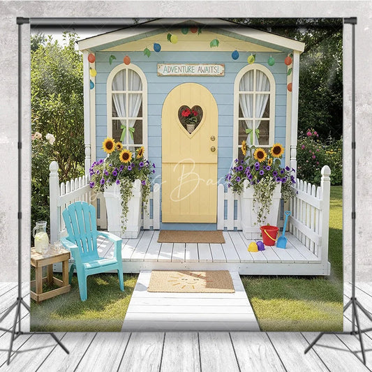 Lofaris Blue Playhouse Photography Backdrop with Yellow Heart Door Sunflowers and Adventure Awaits Sign for Kids Party
