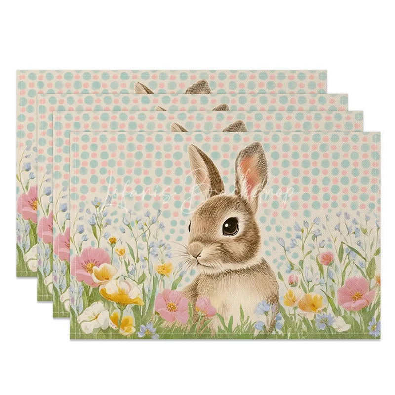 Lofaris Blue Polka Dot Easter Bunny Set of 4 Placemats Spring Wildflower Rabbit Table Mats for Party