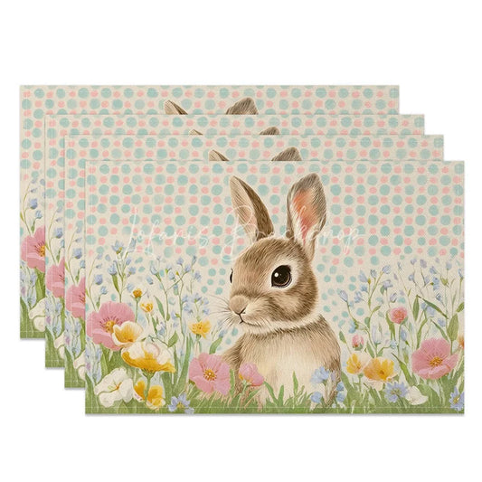 Lofaris Blue Polka Dot Easter Bunny Set of 4 Placemats Spring Wildflower Rabbit Table Mats for Party