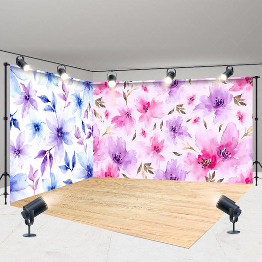 Lofaris Blue Purple Pink Floral Wood Floor Room Set Backdrop
