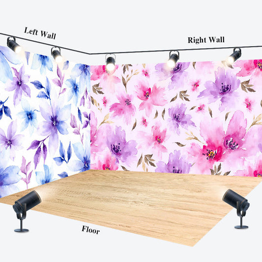 Lofaris Blue Purple Pink Floral Wood Floor Room Set Backdrop
