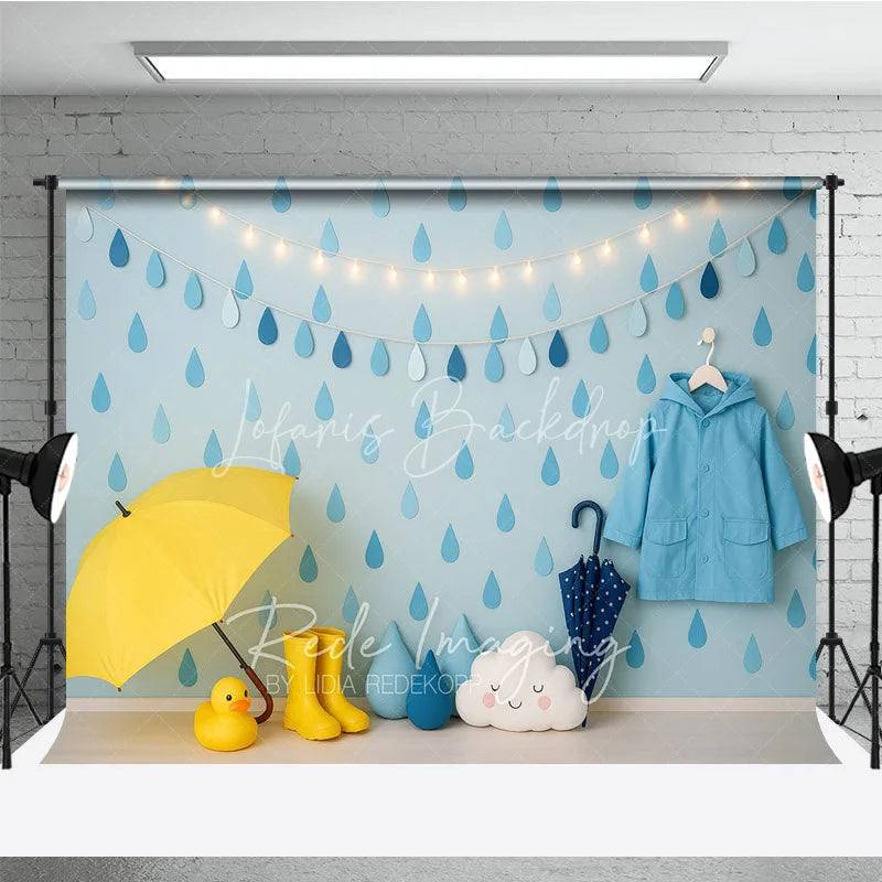 Lofaris Blue Raindrop and Raincoat Photo Backdrop April Showers Baby Shower Photography Background