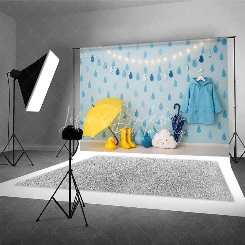 Lofaris Blue Raindrop and Raincoat Photo Backdrop April Showers Baby Shower Photography Background