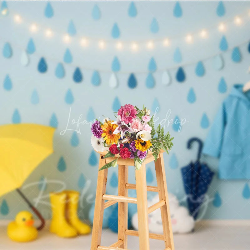 Lofaris Blue Raindrop and Raincoat Photo Backdrop April Showers Baby Shower Photography Background