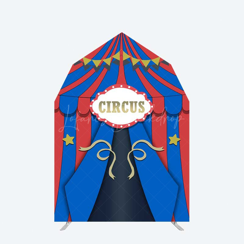Lofaris Blue Red Circus Barn Door Arch Birthday Backdrop