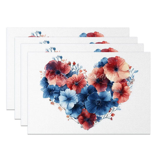 Lofaris Blue Red Floral Heart Set of 4 Placemats Watercolor Bloom Valentine Decoration Spring Garden Table Mat