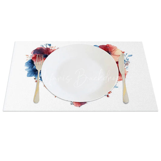 Lofaris Blue Red Floral Heart Set of 4 Placemats Watercolor Bloom Valentine Decoration Spring Garden Table Mat