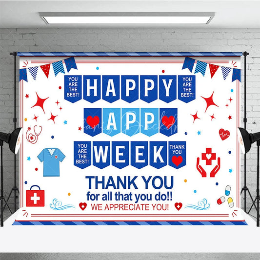 Lofaris Blue Red White Healthcare Appreciation Week Holiday Backdrop featuring Medical Symbols and Thank You Messages