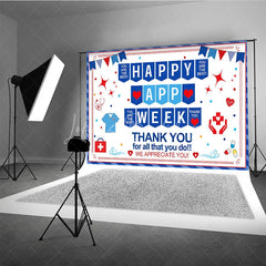 Lofaris Blue Red White Healthcare Appreciation Week Holiday Backdrop featuring Medical Symbols and Thank You Messages