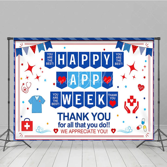Lofaris Blue Red White Healthcare Appreciation Week Holiday Backdrop featuring Medical Symbols and Thank You Messages