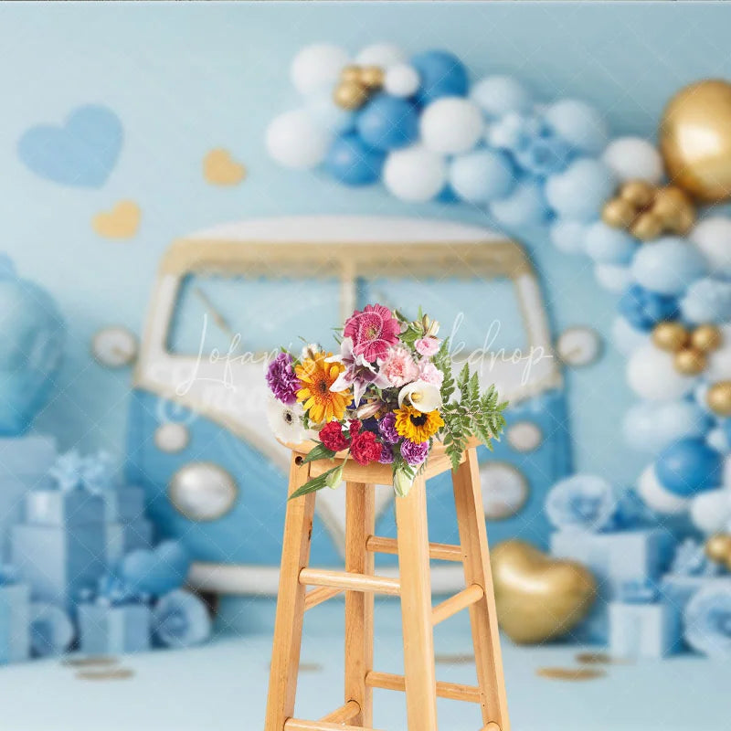 Lofaris Blue Retro Bus Valentine Day Backdrop Vintage Van Gold Balloons Gift Box Background Boy Party Photography Prop