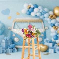 Lofaris Blue Retro Bus Valentine Day Backdrop Vintage Van Gold Balloons Gift Box Background Boy Party Photography Prop