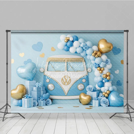 Lofaris Blue Retro Bus Valentine Day Backdrop Vintage Van Gold Balloons Gift Box Background Boy Party Photography Prop