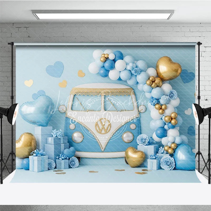 Lofaris Blue Retro Bus Valentine Day Backdrop Vintage Van Gold Balloons Gift Box Background Boy Party Photography Prop
