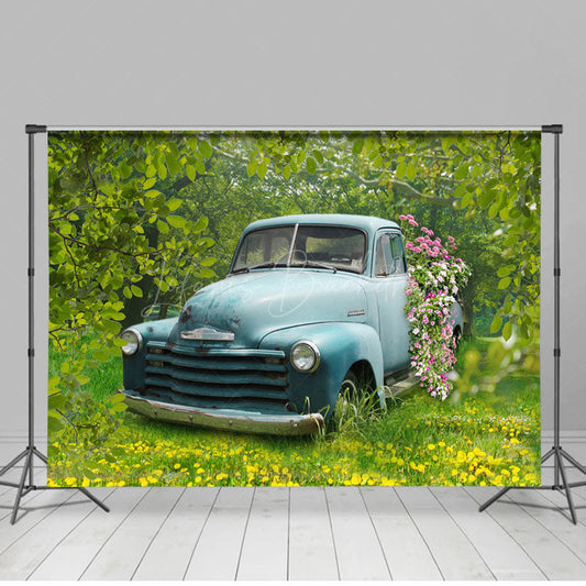 Lofaris Blue Retro Truck Forest Spring Combo Set Backdrop