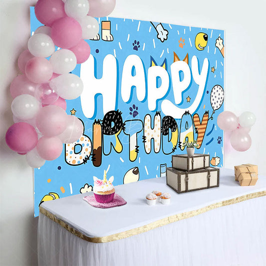 Lofaris Blue Ribbons Dog Paw Print Happy Birthday Backdrop