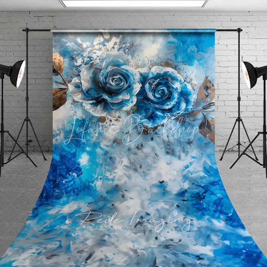 Lofaris Blue Rose Fine Art Sweep Photo Backdrop Abstract Oil Painting Floral Background Silver Gold Leaf Floor Prop