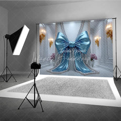 Lofaris Blue Satin Bow and Pearl Strings Photography Backdrop Elegant White Wall for Baby Shower Birthday Party