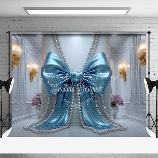 Lofaris Blue Satin Bow and Pearl Strings Photography Backdrop Elegant White Wall for Baby Shower Birthday Party