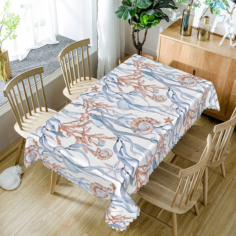 Lofaris Blue Sea Grass and Snail Rectangle Tablecloth for Coastal Underwater Themed Kitchen Decor