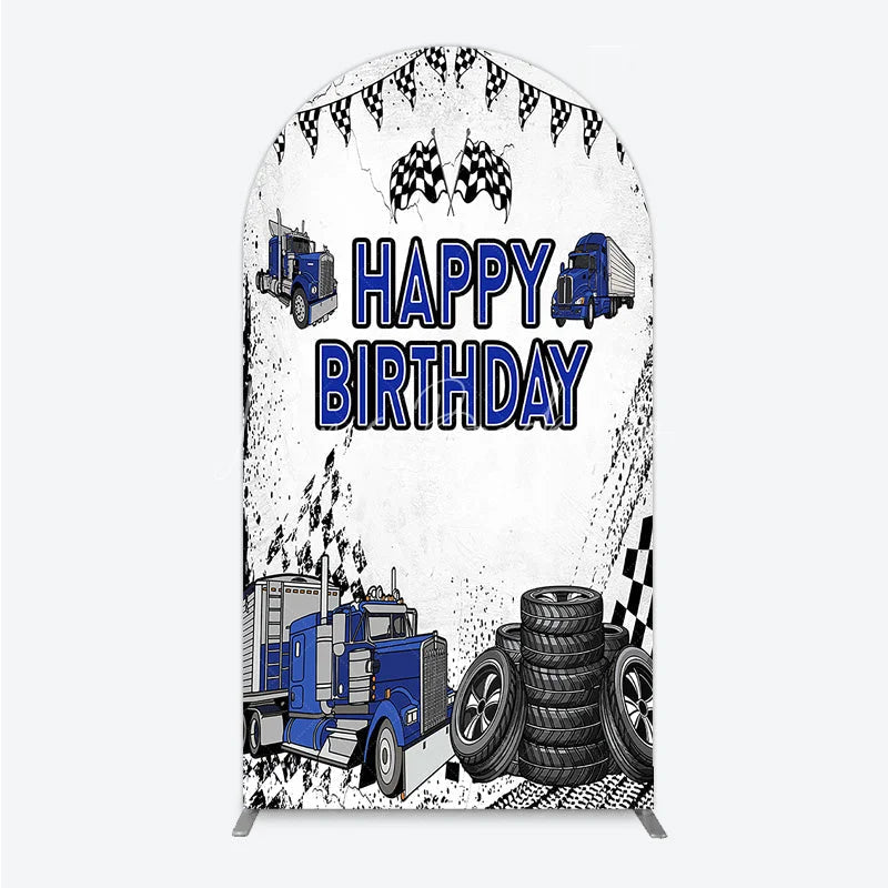 Lofaris Blue Semi Truck Happy Birthday Arch Backdrop Checkered Flag Transportation