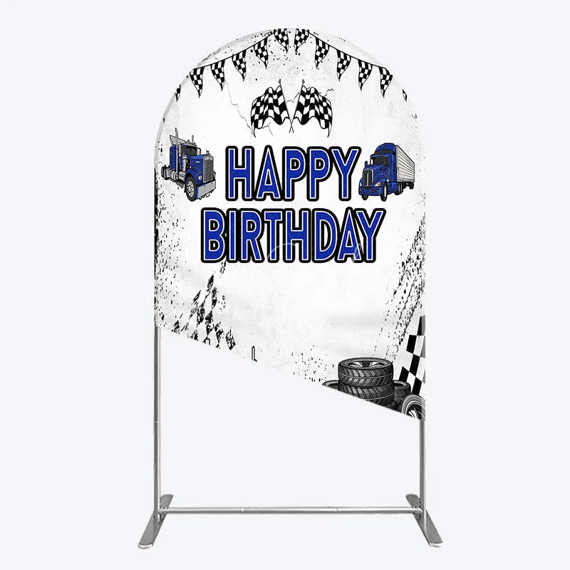 Lofaris Blue Semi Truck Happy Birthday Arch Backdrop Checkered Flag Transportation