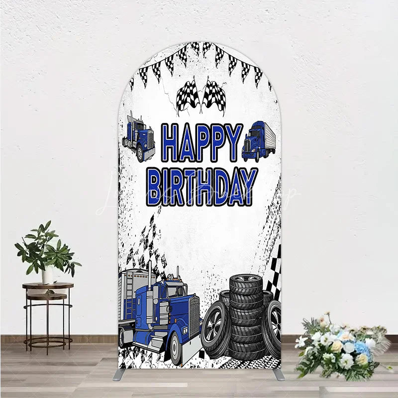 Lofaris Blue Semi Truck Happy Birthday Arch Backdrop Checkered Flag Transportation