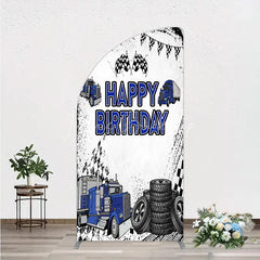 Lofaris Blue Semi Truck Happy Birthday Half Moon Arch Backdrop Checkered Flag Transportation