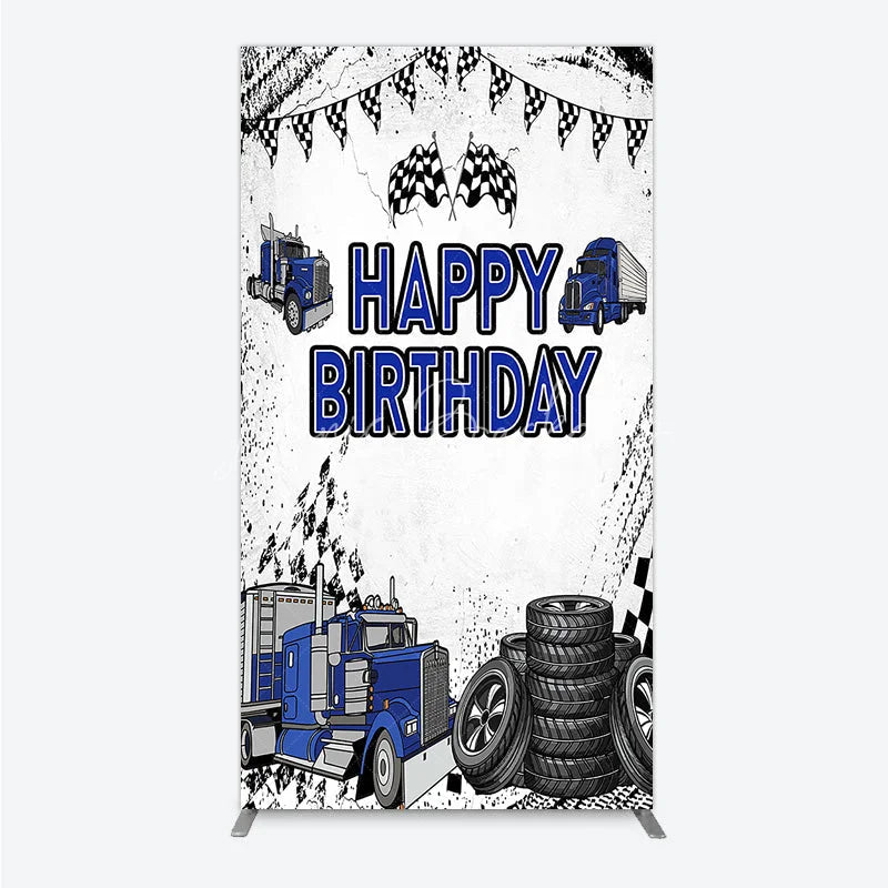 Lofaris Blue Semi Truck Happy Birthday Rectangle Backdrop Checkered Flag Transportation