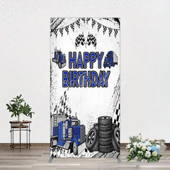 Lofaris Blue Semi Truck Happy Birthday Rectangle Backdrop Checkered Flag Transportation