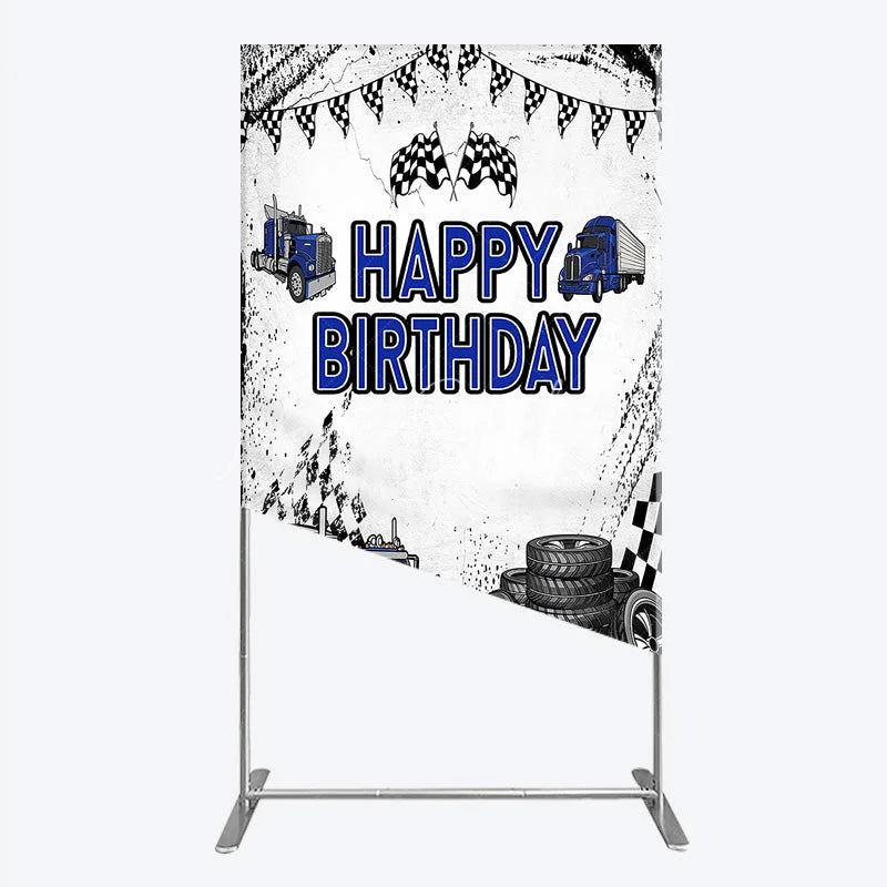 Lofaris Blue Semi Truck Happy Birthday Rectangle Backdrop Checkered Flag Transportation