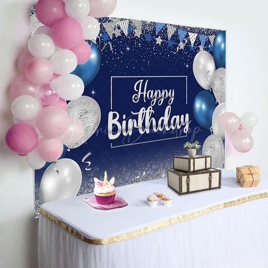 Lofaris Blue Silver Balloons Glitter Happy Birthday Backdrop