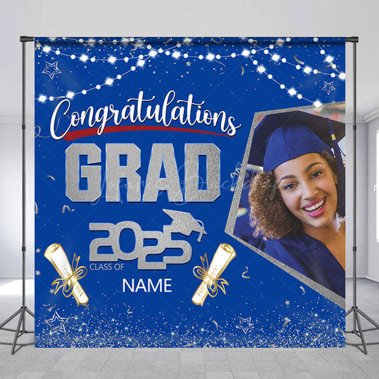 Lofaris Blue Silver Congrats Grad Custom Photo Name Backdrop