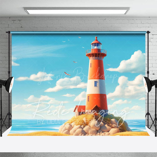 Lofaris Blue Sky Beach Reef Lighthouse Summer Photo Backdrop