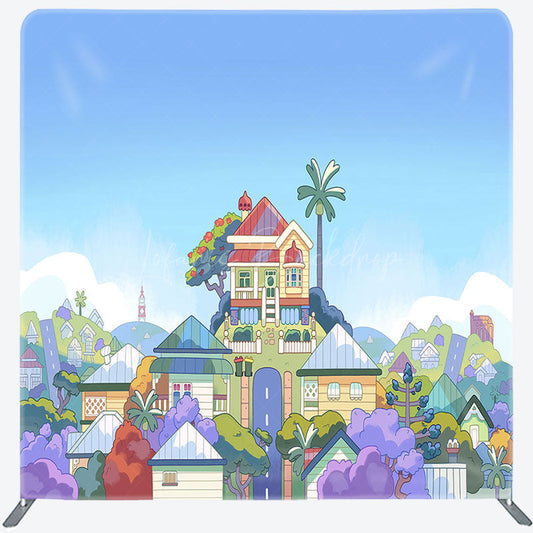 Lofaris Blue Sky Cartoon House Photo Square Tension Backdrop